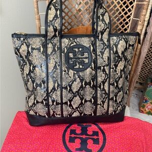 Tory Burch Black and Cream Snakeskin Tote